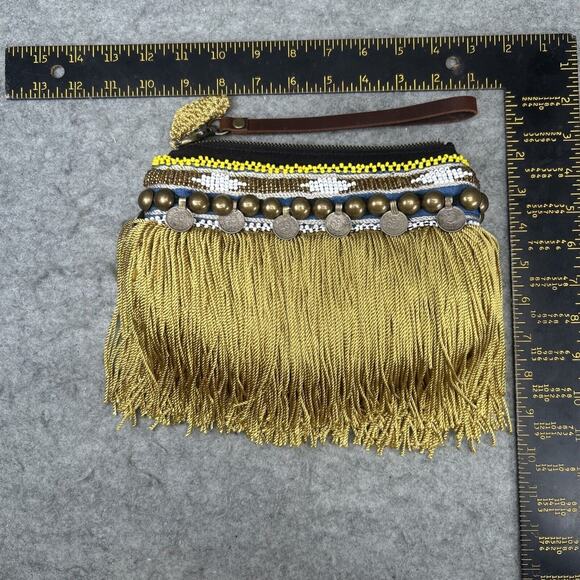 Elliot Mann NY Indie Clutch Wristlet Beaded Gold Fringe Coins Boho Handcrafted - Picture 9 of 10